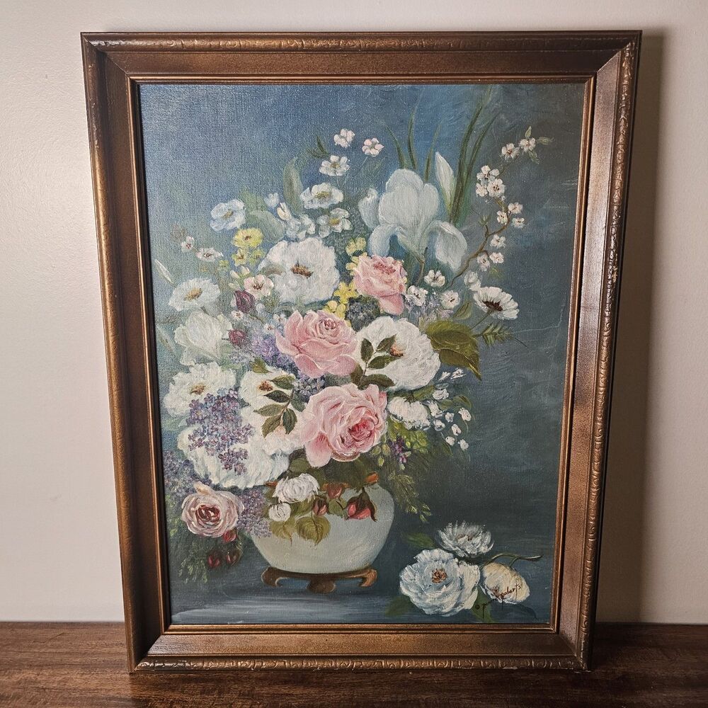 Large Vintage Framed Floral Still Life Oil Painting Signed Bennie Roberts 20x27